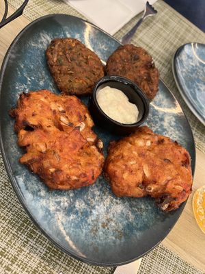 Homemade zucchini and tomato balls  at Veganissimo in Santorini