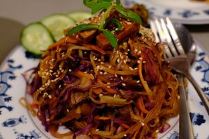Fried noodles at Thong Dong Vegan Kitchen & Cafe in Lao Cai