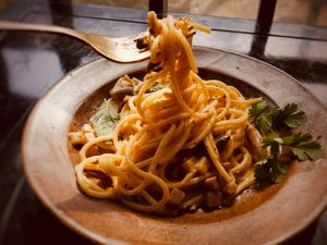 creamy pasta at Thong Dong Vegan Kitchen & Cafe in Lao Cai