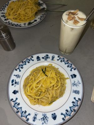 Pumpkin pasta and banana shake   at Thong Dong Vegan Kitchen & Cafe in Lao Cai