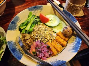 Colourful rice bowl at Thong Dong Vegan Kitchen & Cafe in Lao Cai