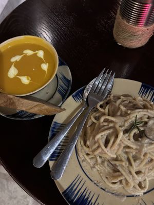 Pumpkin soup and creamy spaghetti (so good!!)  at Thong Dong Vegan Kitchen & Cafe in Lao Cai