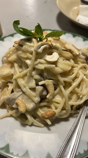 Creamy mushroom spaghetti (so good!!!)  at Thong Dong Vegan Kitchen & Cafe in Lao Cai
