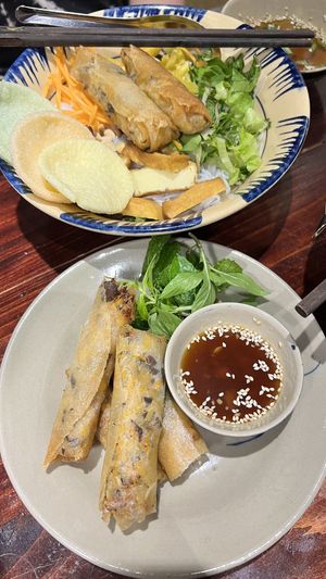 Fried spring rolls and fresh mixed noodles  at Thong Dong Vegan Kitchen & Cafe in Lao Cai