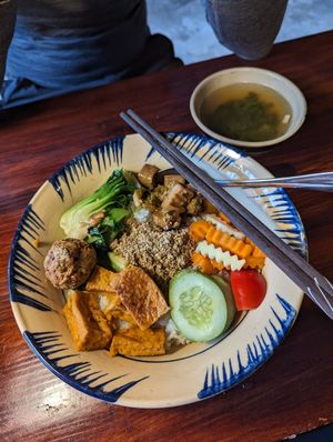 Colourful rice with soup at Thong Dong Vegan Kitchen & Cafe in Lao Cai