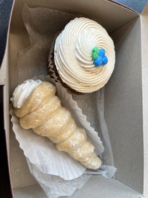 Pastry horn and blueberry pancake cupcake  at Wild Oats Bakery and Cafe in Brunswick