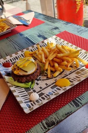 Beyond burger... without the bun (no gluten-free options) at La Vida Bonita Beach Club in Santa Pola