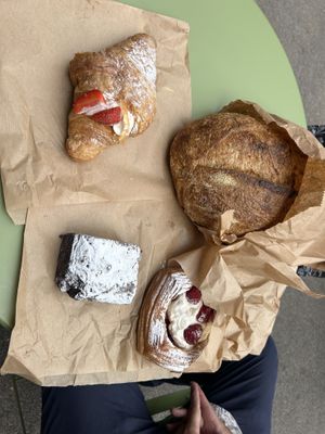 Strawberry croissant, raspberry danish, chocolate brownie and homemade sourdough bread   at Lovely Rita's Bakehouse in Sheffield
