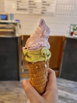 Cherry and pistachio flavours, large option.  at Cremeria Cavour in Bologna