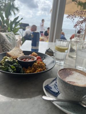 Vegan breakfast with oat milk cappuccino   at The Skinny Kitchen - Eivissa in Ibiza