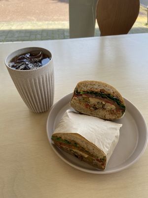 Grilled veggies and cheese sandwich + iced coffee at CHEESYLAZY in Jeju