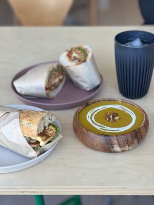 BBQ tofu sandwich, grilled veggies sandwich, pumpkin sweet potato soup and house brewed kombucha  at CHEESYLAZY in Jeju