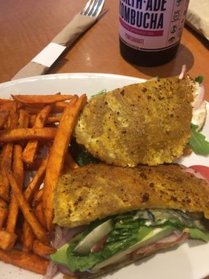 Portobello Jibarito and sweet potato fries at Native Foods in Encinitas