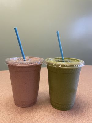 Almond butter smoothie and green smoothie   at Vickie's Veggie Table in Biddeford