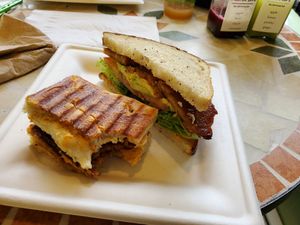 Split for us - Spicy bacon panini and MCA BLT at Vickie's Veggie Table in Biddeford