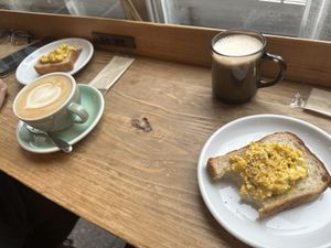 Vegan eggs on toast. Chai latte and oat lattee  at COYOTE in Kyoto