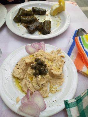 Humus and (delicious) vine leaves at Blue Grotto in Paxos