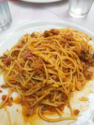 Spaghetti bolognaise with soy minced meat and vegan cheese at Blue Grotto in Paxos