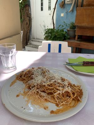 Vegan spaghetti with some type of vegan fake meat and cheese  at Blue Grotto in Paxos