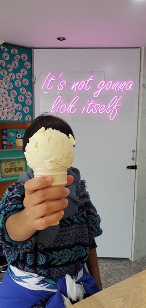 Large scoop of piña colada in a vegan cone at The Crafty Cow in Da Nang