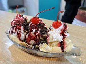 Banana split w/ coffee, coconut & piña colada ice cream (145k VND)  at The Crafty Cow in Da Nang