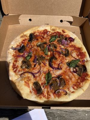 Vegan margherita with added mushroom and onion  at Pizza West in Whitby