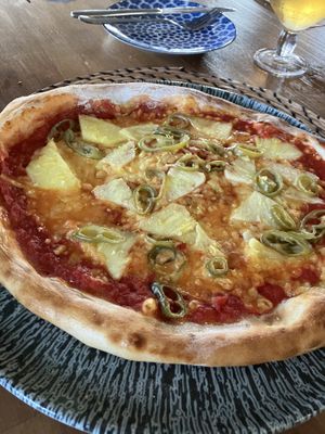 Pineapple etc (vegan cheese substituted for honey )  at Pizza West in Whitby