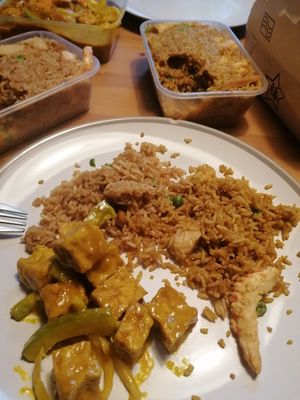 Satay tofu, special fried rice and Singapore fried rice at Wawin Vegan Chinese in Sheffield