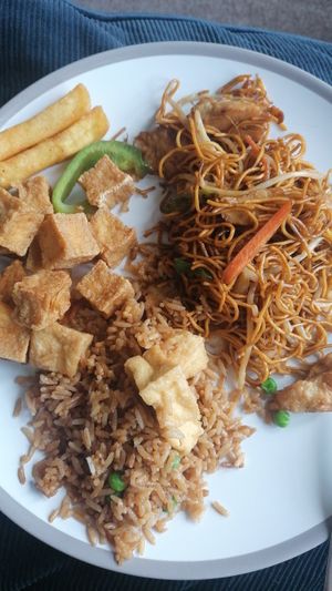 Salt and Pepper tofu, chickn chow mein, tofu fried rice at Wawin Vegan Chinese in Sheffield