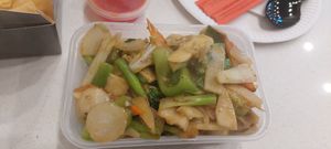 Ginger and spring onion mixed vegetables at Wawin Vegan Chinese in Sheffield