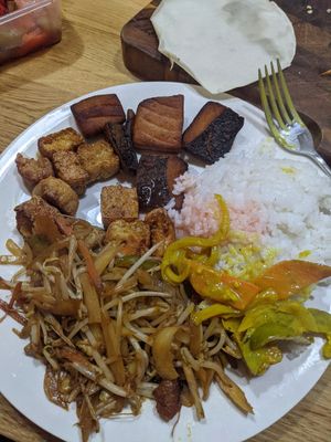 Vegan salt and pepper fish with satay tofu and chow mein at Wawin Vegan Chinese in Sheffield