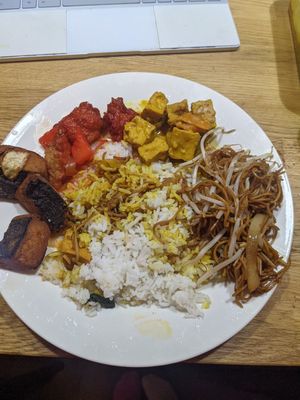Satay tofu, salt n pepper fish, sweet n sour chicken, chow mein at Wawin Vegan Chinese in Sheffield