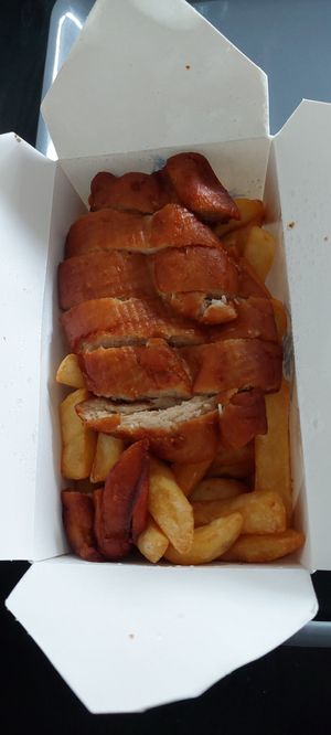 Half "chicken" and chips at Wawin Vegan Chinese in Sheffield