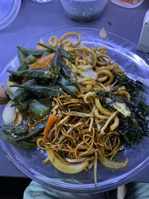 Garlic okra stir fried, seaweed, tofu chow mein, vegetable udon  at Wawin Vegan Chinese in Sheffield