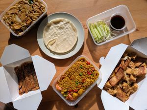 Duck wraps, flat rice noodles, salt and pepper tofu and Singapore fried rice at Wawin Vegan Chinese in Sheffield