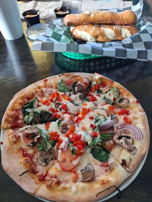 Veggie pizza with red sauce and vegan cheese at Mattenga's - Sea World in San Antonio