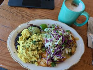 Chilaquiles and "dirty" chai latte. at Kitchen Mouse the Bakery in Los Angeles