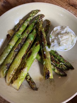 Starter: Grilled asparagus, herby cream cheese. (VEGAN)   at The Forge in Douglas
