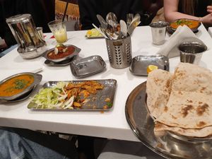 Bottom middle dish: bhindi kurkurae; Right: naan rosi at Madras Flavours in Reading