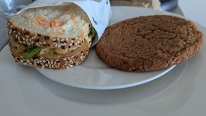 Vegan chickpea-salad sandwich and Snickerdoodle cookie at Grizzly Baked Goods - Welles St in Christchurch