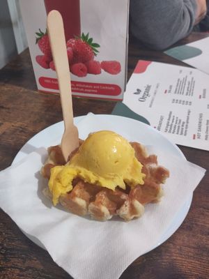 Waffle with mango sorbet at Organic in Amsterdam