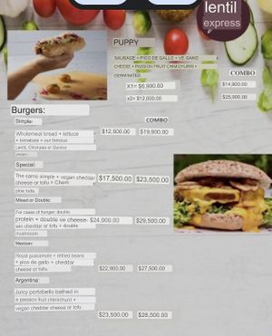 Google translated menu as of April 2022, page 1  at Lenteja Express - Poblado in Medellin
