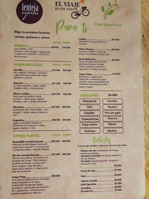 Menu at Lenteja Express - Poblado in Medellin