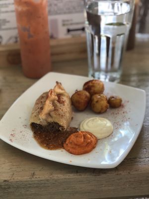 Empanadas with potatoes and sauces at Lenteja Express - Poblado in Medellin