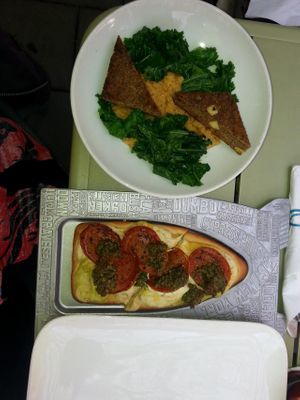 smoky grits w kale&shitake sausage, M.O.B. at M.O.B. - Maimonide of Brooklyn in Brooklyn