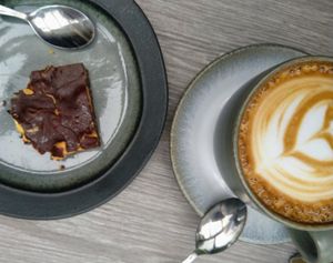 Vegan Snickers Bar and Cafe Latte at Kardemomme Kaffibar in Forde