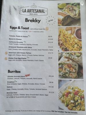 Menu  at La Artesanal in Jaco