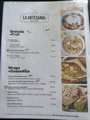 Menu  at La Artesanal in Jaco