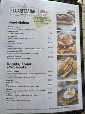 Menu  at La Artesanal in Jaco