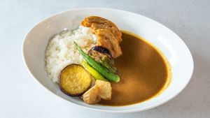 vegan curry with fried vegetables  and 2 pieces of fried kurumabu. at MERCY Vegan Factory in Osaka
